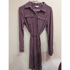 Collared button shirt dress w/Mod maroon & white geometric graphic Liz Claiborne